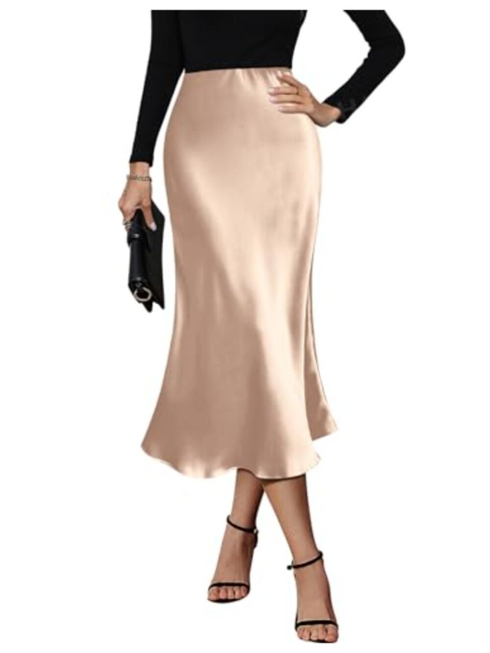 Satin Midi Skirt High Waisted Flared A-Line Elegant Work Party